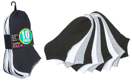 Teen Boy's/Women's No Show Socks - Black/White/Grey - Size 9-11 - 10-Pair Packs