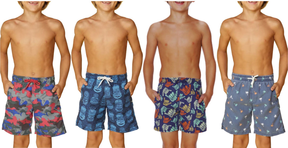 Toddler Boys Printed Swim Trunks w/ Dual Cargo Pockets - Tiki, Tribal & Palm Tree Print - Sizes 2T-4T