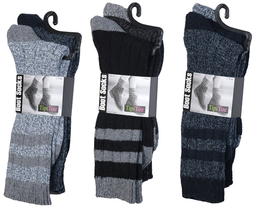 Women's Wool Blend Marled Ribbed Knit Thermal Boot Socks w/ Rugby Stripes - Size 9-11 - 2-Pair Packs