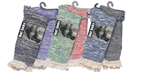 Women's Marled Ribbed Knit Thermal Boot Socks w/ Lace Cuff - Size 9-11 - 2-Pair Packs