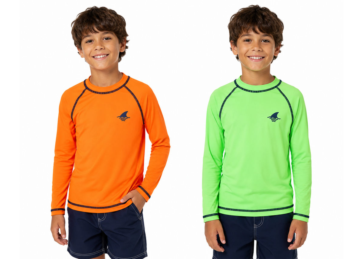 Boy's Printed Beach Sun Shirts w/ UPF 50+ sun protection - Shark Fin Eblem - Sizes 4-7