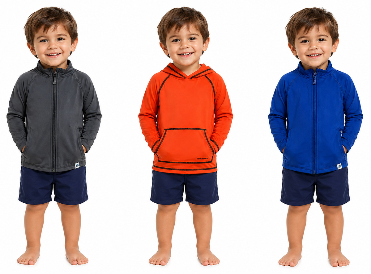 Boy's Long Sleeve Hooded Zip-Up Rash Guards w/ Cargo Pockets - Sizes 4-7