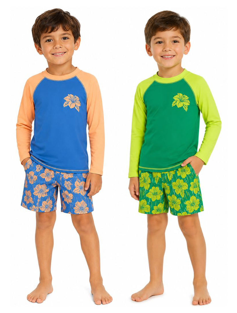 Boy's Long-Sleeve Rash Guard & Swim Trunks Set - Tropical Floral Print - Sizes 4-7