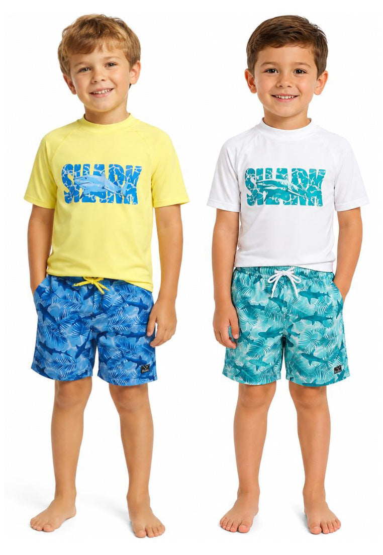 Boy's Short-Sleeve Rash Guard & Swim Trunks Set - Shark Print -  Sizes 4-7
