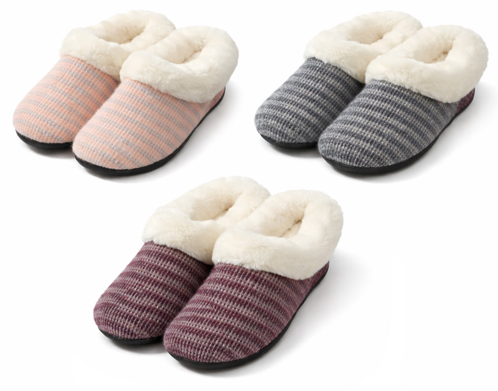 Women's Two-Tone Knit Slippers w/ Faux Fur Lining