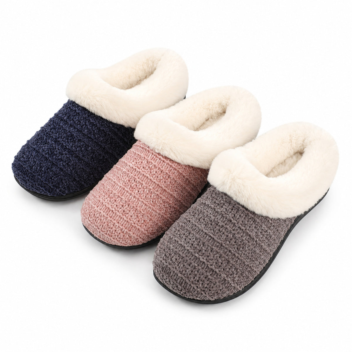 Women's Textured Chenille Slippers w/ Faux Fur Lining
