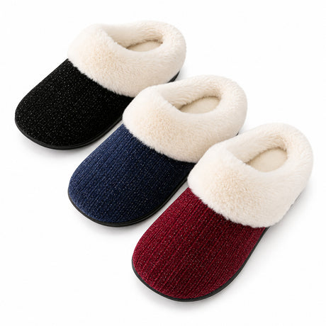 Women's Sparkle Ribbed Knit Slippers w/ Faux Fur Lining