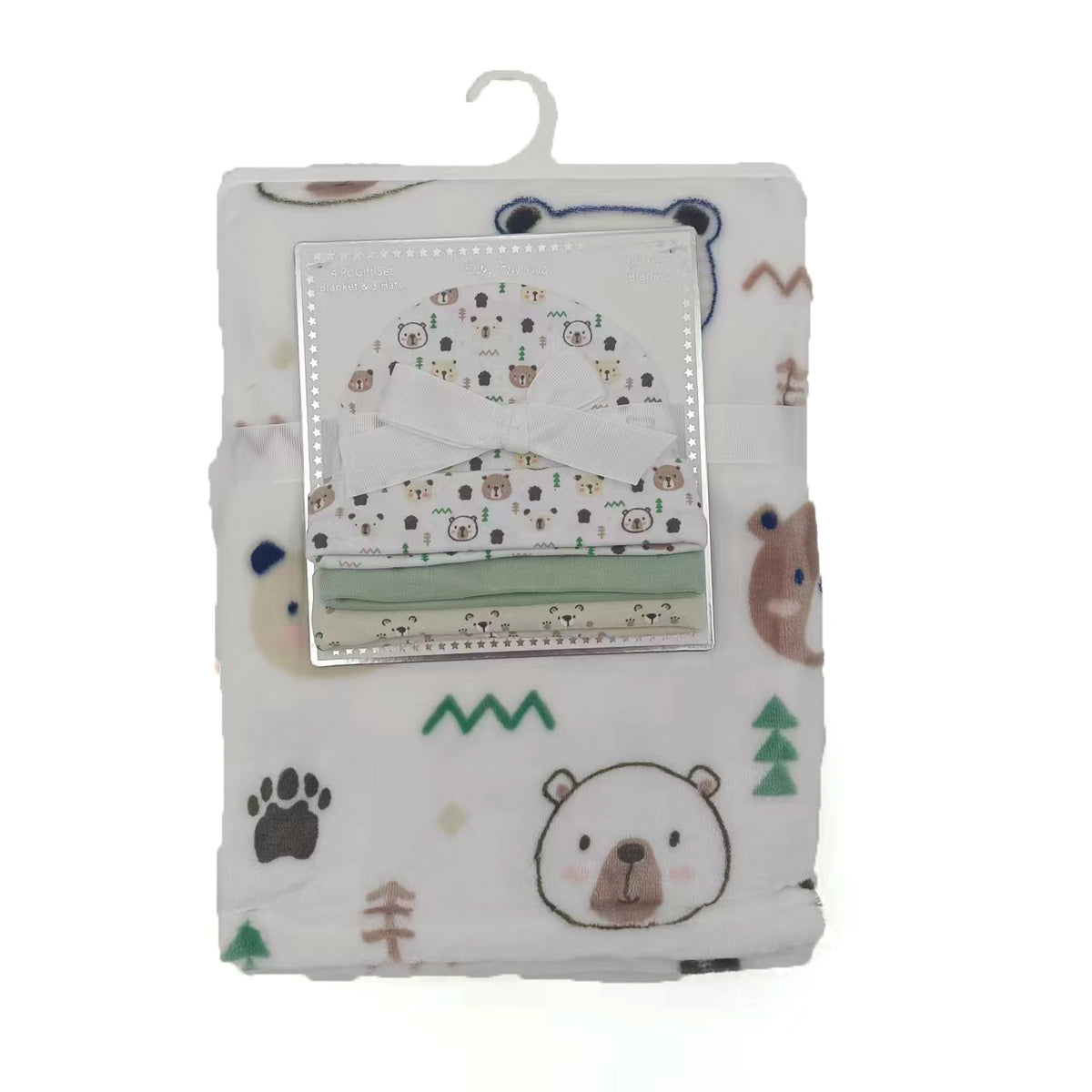 31 x 40 Printed Baby Flannel Blanket & Newborn Hat Sets - Forest Bear Print