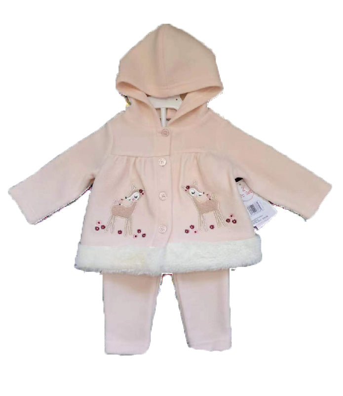 2-Piece Hooded Fleece Shirt & Pants w/ Applique Design Print & Sherpa Trim - 0-9M - Embroidered Deer & Roses