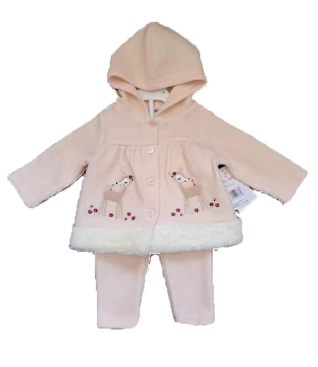 2-Piece Hooded Fleece Shirt & Pants w/ Applique Design Print & Sherpa Trim - 0-9M - Embroidered Deer & Roses