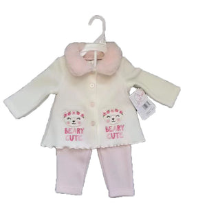 2-Piece Hooded Fleece Shirt & Pants w/ Applique Design Print & Sherpa Trim - 0-9M - Embroidered Kitty Cat