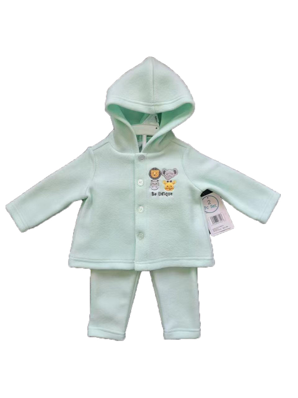 2-Piece Hooded Fleece Shirt & Pants w/ Applique Design Print & Sherpa Trim - 0-9M - Embroidered Giraffe & Elephant