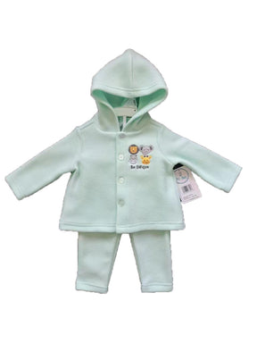 2-Piece Hooded Fleece Shirt & Pants w/ Applique Design Print & Sherpa Trim - 0-9M - Embroidered Giraffe & Elephant