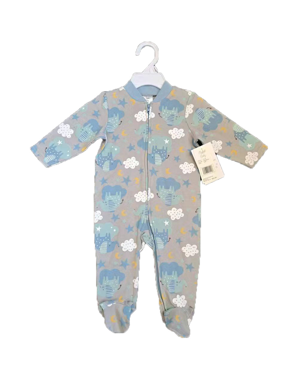 Printed Newborn Onesies w/ Zipper - 0-9M - Elephant & Cloud Print