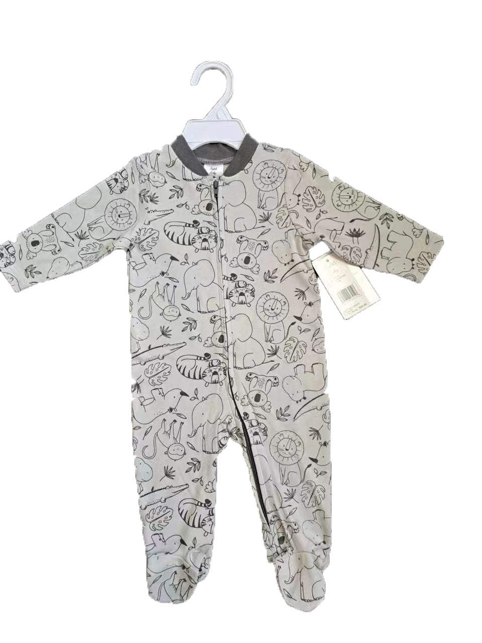 Printed Newborn Onesies w/ Zipper - 0-9M - Black & White Jungle Print