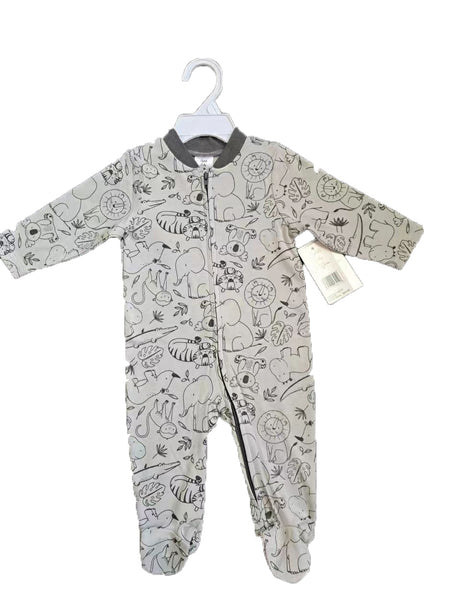 Printed Newborn Onesies w/ Zipper - 0-9M - Black & White Jungle Print