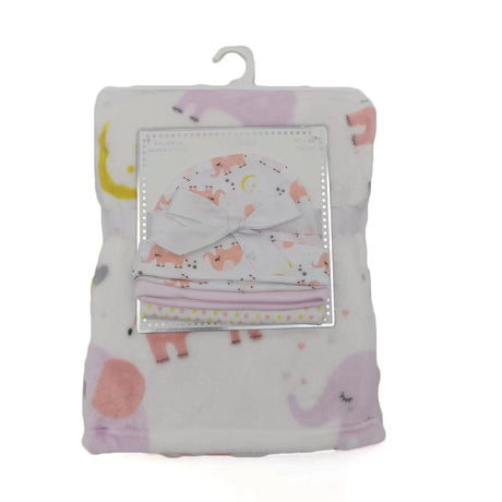 31 x 40 Printed Baby Flannel Blanket & Newborn Hat Sets - Elephant Print
