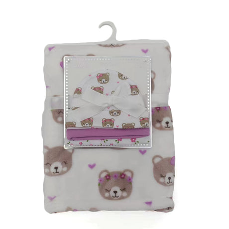 30 x 40 Printed Baby Flannel Blanket & Newborn Hat Sets - Cute Bear Print