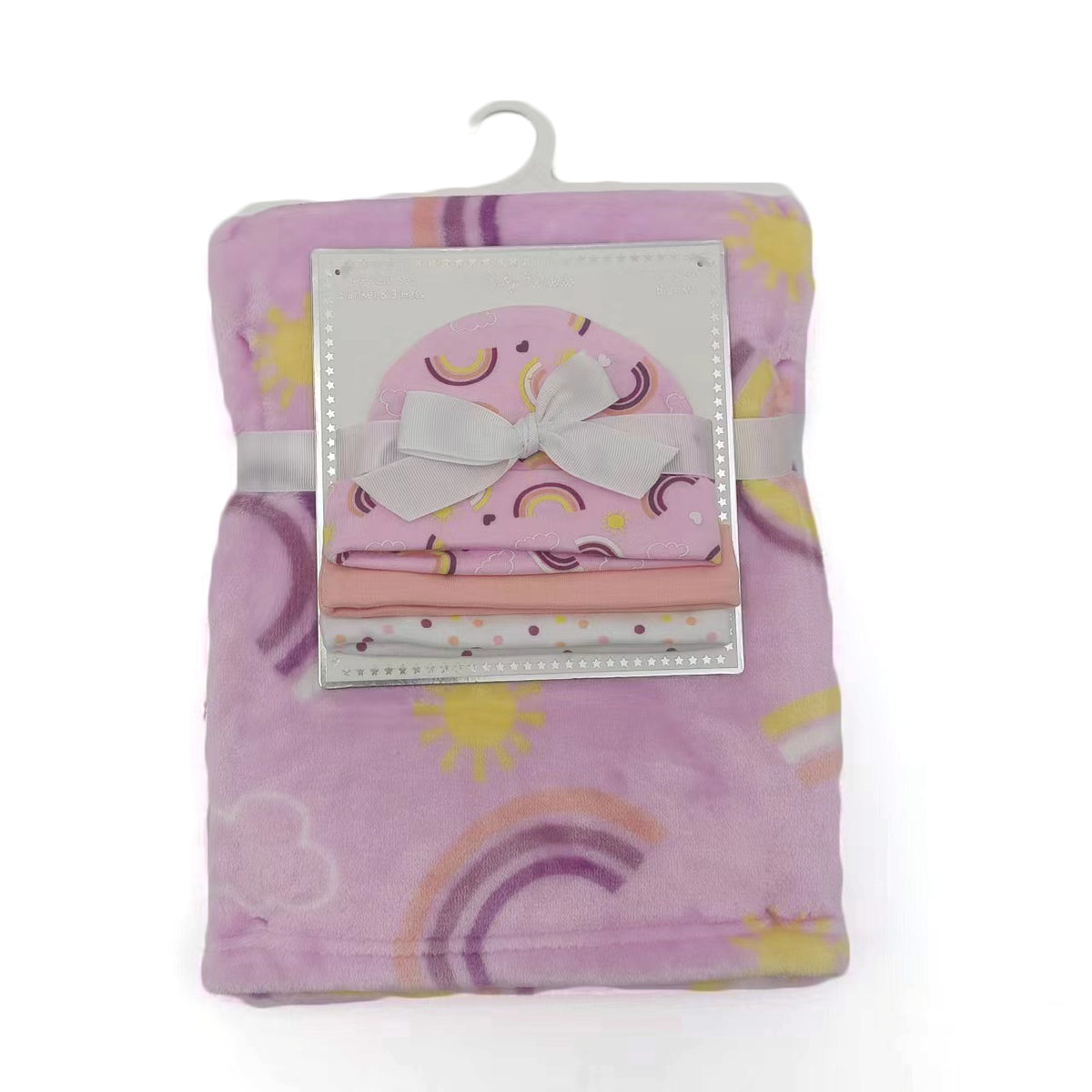 30 x 40 Printed Baby Flannel Blanket & Newborn Hat Sets - Rainbow & Cloud Print