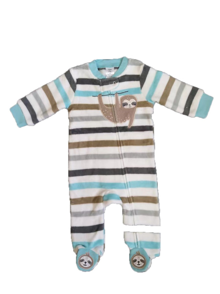 Baby's Coral Fleece Printed Onesies w/ Embroidered Applique - 0-9M - Sloth & Stipes