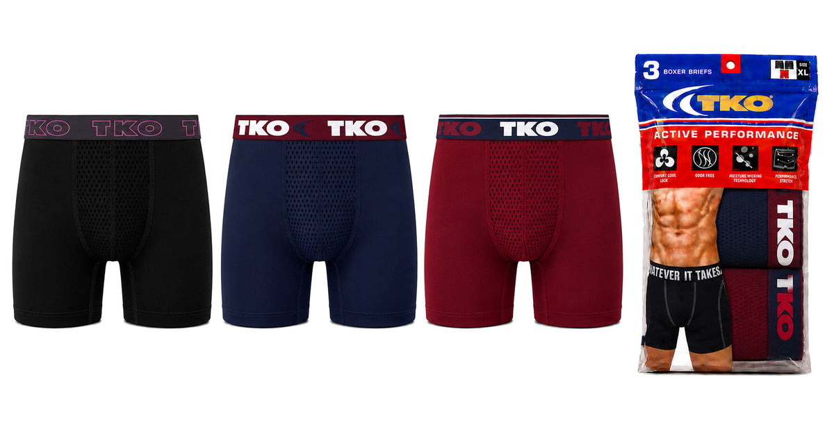 Men's TKO Performance Boxer Briefs - Dark Colors w/ Contrast Waistbands - Sizes Medium-2XL - 3-Pack