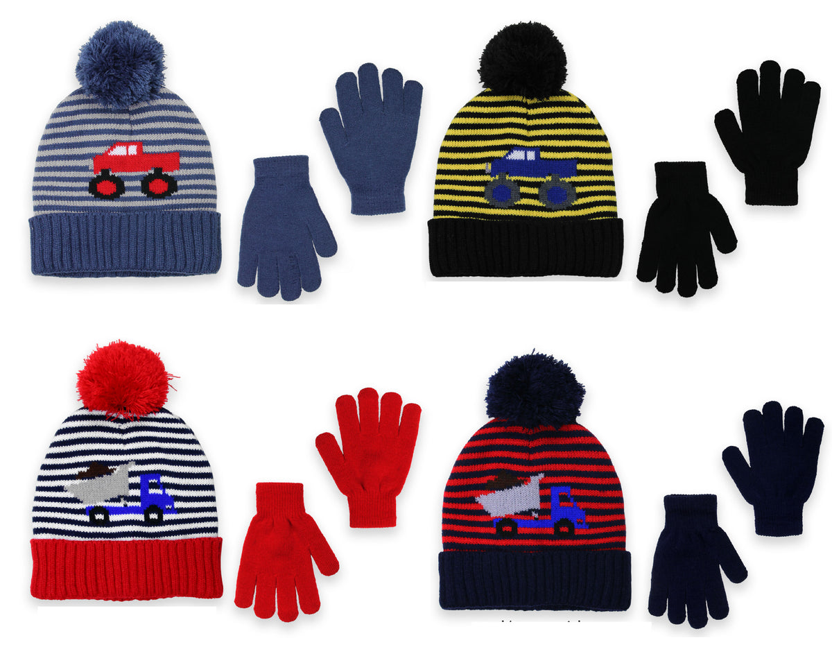 Toddler Boy's 2-Piece Striped Winter Hat & Gloves Sets w/ Construction Truck Print