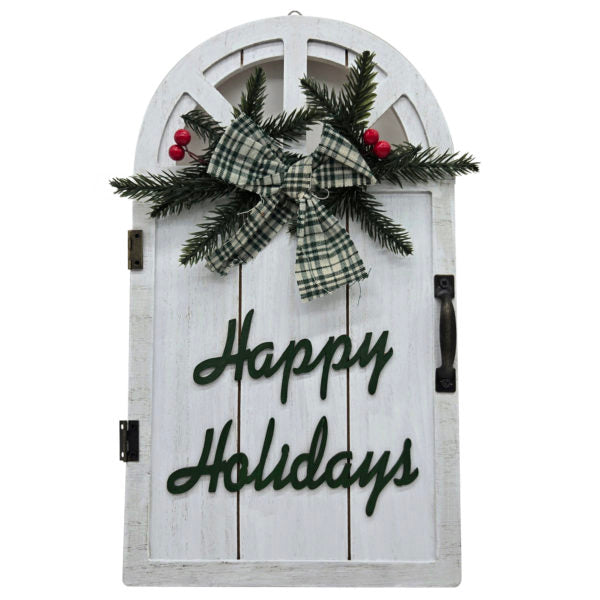 White Rustic Door-Shaped Christmas Wall Decor with Plaid Bow
