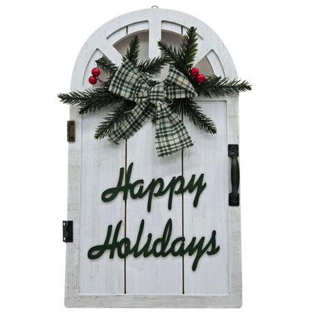 White Rustic Door-Shaped Christmas Wall Decor with Plaid Bow