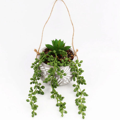 4" x  2.25" Hanging Faux Plant with Pebbles Cement Planter and Jute Rope Hanger