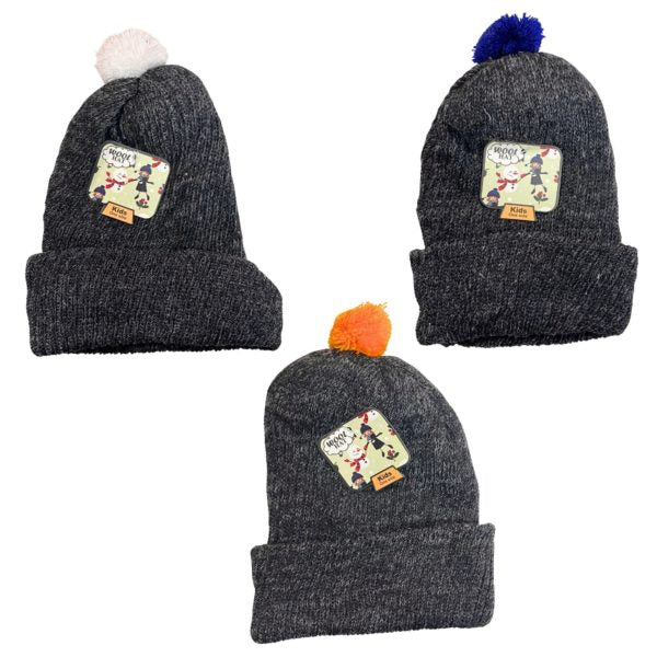 Kids Gray Beanie with Assorted Pom Pom Colors