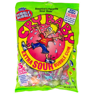 Dubble Bubble Cry Baby Extra Sour Bubble Gum 5 Flavors 4 Oz Peg Bag