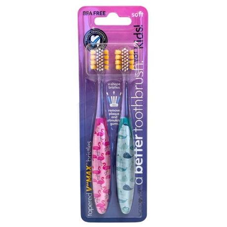 Two Pack V Max Kids Toothbrushes with Flamingo + Narwhal Design