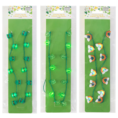 Necklace St Pat 8 Led Light Up 3 Asst Shamrock/hat/rainbow Pb/insert Card/36in L