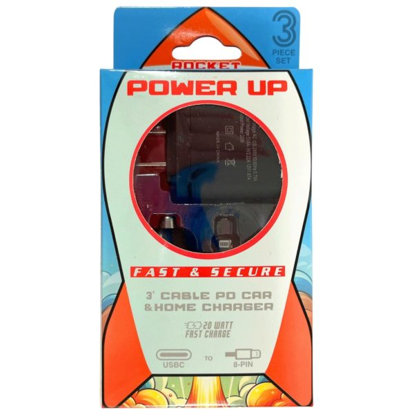 Rocket Charge 3 Foot USB C to iPhone 8-Pin Cable with USB Car and Wall Charger
