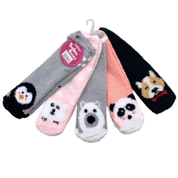 Tehee Socks 5 Pack Fuzzy Crew Socks in Size 9-11 with Animal Designs