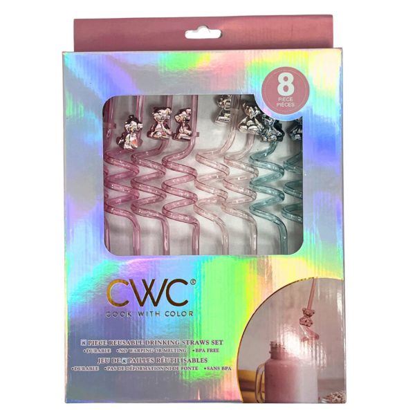 Cook with Color 8 Piece Pink and Blue Teddy Bear BPA Free Swirly Plastic Straw Set