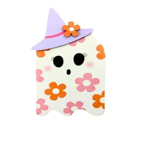 Retro Floral Ghost Halloween Block Decor with Witch Hat