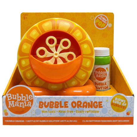 Bubble Mania Battery Operated Orange Bubble Machine with Bubble Bottle