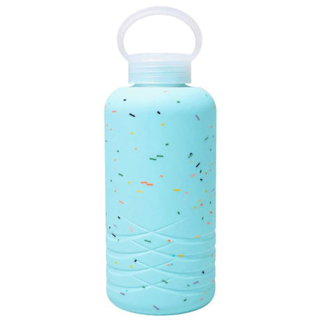Fuelmate 32 Oz Glass Collection Water Bottle with Silicone Decorative Cover in Blue with Sprinkles Design