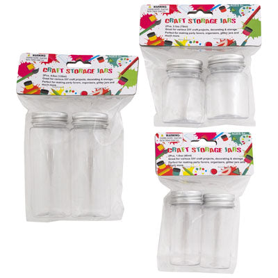 Craft Storage Jars 2pk Clear Plastic W/screw On Lids 3ast Sze1.6/2.5/4.6 Oz Craft Pbh