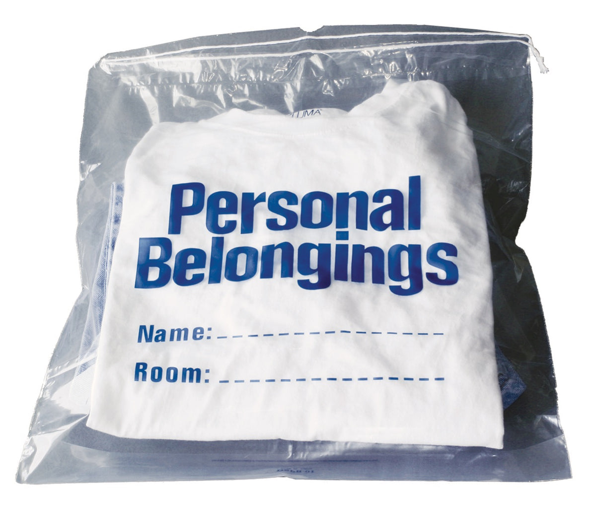 Belongings Bag w/ Drawstring (Clear w/ Blue Imprint) 17" x 20"