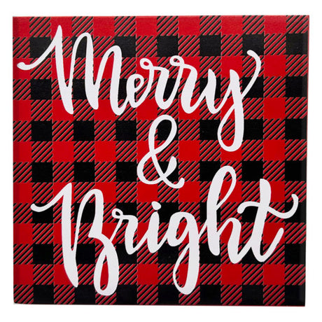 4.75" Merry and Bright Tabletop Sign with Buffalo Checkered Plaid Background
