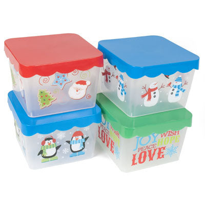 Cookie Container W/scallop Lid Square 4asst Christmas Prints 7x7x4.7in Ea/xmas Label