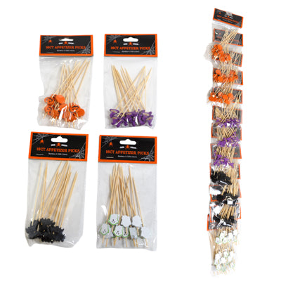 Appetizer Picks Halloween 16ct Bamboo 4.72in 4 Asst Icons Hlwn Pbh/ Preloaded Mdsg Strip