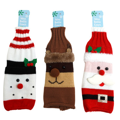 Wine Bottle Christmas Cover 3ast Santa/snowman/reindeer Knit