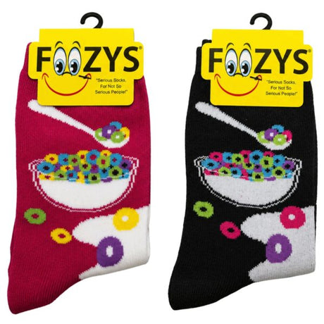 FOOZYS Crew Socks Assorted Black & Pink with Cereal & Milk Design Size 9-11