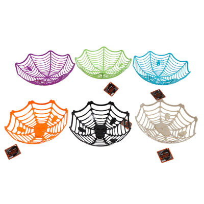 Web 3-d Basket W/ Spider Or Skull Accents Plastic 6ast Colors 11in Dia X 3in H