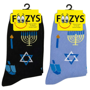 FOOZYS Crew Socks Assorted Black & Blue with Happy Hanukkah Design Size 9-11