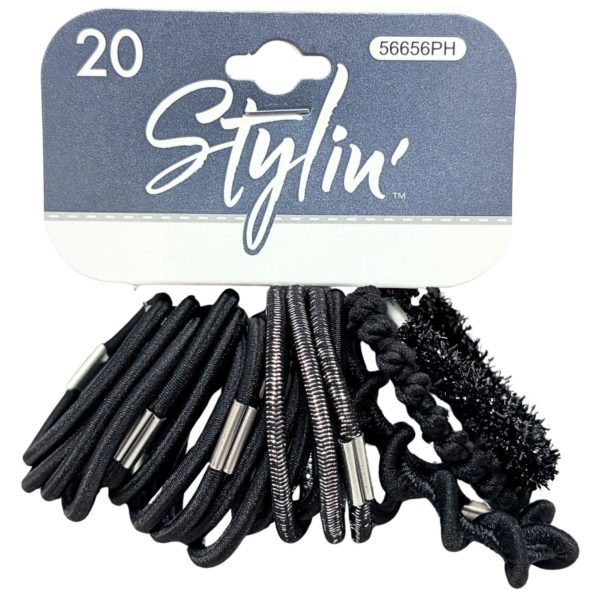 Stylin' 20 Pack Black Hair Ties in Multiple Styles