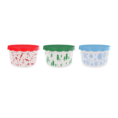 Cookie Container W/scalloped Lid 3ast Christmas Prints/7.8dia X4.6inh Ea/upc Label